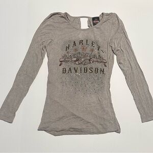 Harley Davidson Rhinestone Bejeweled Logo Front Long Sleeve Knit Top sz M